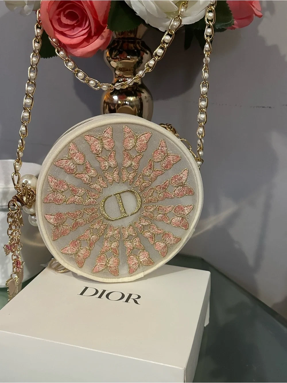 Dior 2026 Spring Limited Edition Butterfly Embroidery Cosmetic Round Pouch-NIB